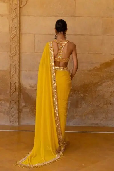 Bollywood Celebrity Inspired Yellow & Red Georgette Saree – Stylish Designer Party Wear Look RE