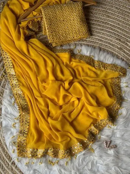 Bollywood Celebrity Inspired Yellow & Red Georgette Saree – Stylish Designer Party Wear Look RE
