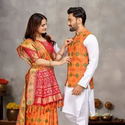 Orange Couple Combo Set Mens Cotton Kurta with Jacquard Silk Koti Womens Jacquard Silk Saree at Reseller Best Offer RE