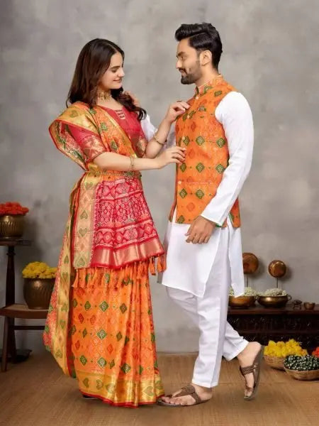 Orange Couple Combo Set Mens Cotton Kurta with Jacquard Silk Koti Womens Jacquard Silk Saree at Reseller Best Offer RE