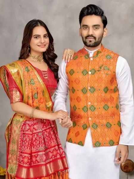 Orange Couple Combo Set Mens Cotton Kurta with Jacquard Silk Koti Womens Jacquard Silk Saree at Reseller Best Offer RE