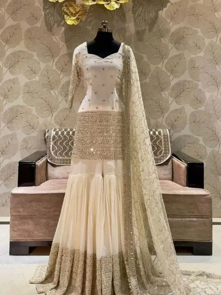 Cream Satin Silk Sharara Suit with Sequins Work and Fancy Dupatta for Festive Collection RE