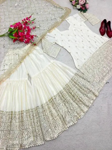 Cream Satin Silk Sharara Suit with Sequins Work and Fancy Dupatta for Festive Collection RE