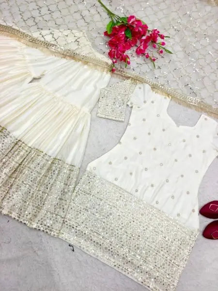 Cream Satin Silk Sharara Suit with Sequins Work and Fancy Dupatta for Festive Collection RE