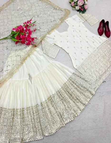 Cream Satin Silk Sharara Suit with Sequins Work and Fancy Dupatta for Festive Collection RE