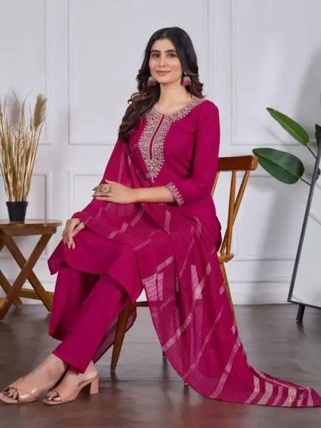 Dark Pink Embroidered Rayon Kurti Set with Dupatta RE