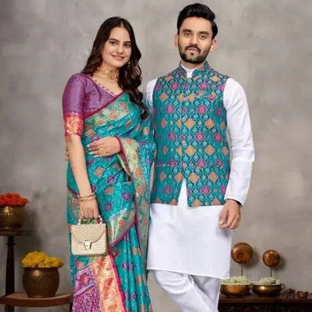 Designer Couple Combo Weaving Work Saree with Mens Kurta Pajama & Jacquard Jacket for Resellers RE