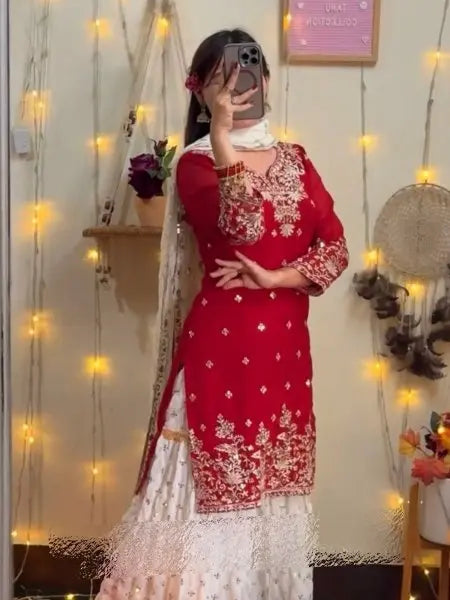 Designer  Sharara Set with White Palazzo and Net Dupatta for Festive Wear RE