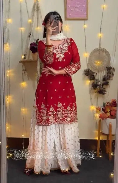 Designer  Sharara Set with White Palazzo and Net Dupatta for Festive Wear RE