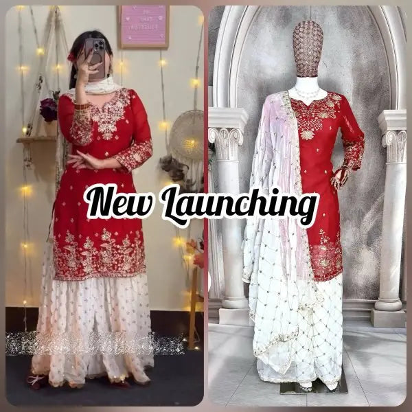 Designer  Sharara Set with White Palazzo and Net Dupatta for Festive Wear RE