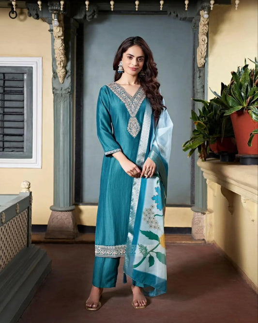 Dipali Embroidered Viscose Chanderi Straight Kurta with Jacquard Dupatta For Woman RE
