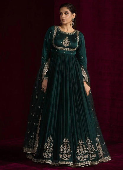 Dreamy Teal Green Japan Satin Anarkali Suit with Sequence Work For Party Wear RE