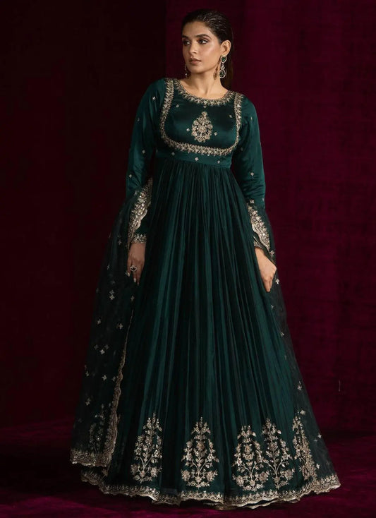 Dreamy Teal Green Japan Satin Anarkali Suit with Sequence Work For Party Wear RE