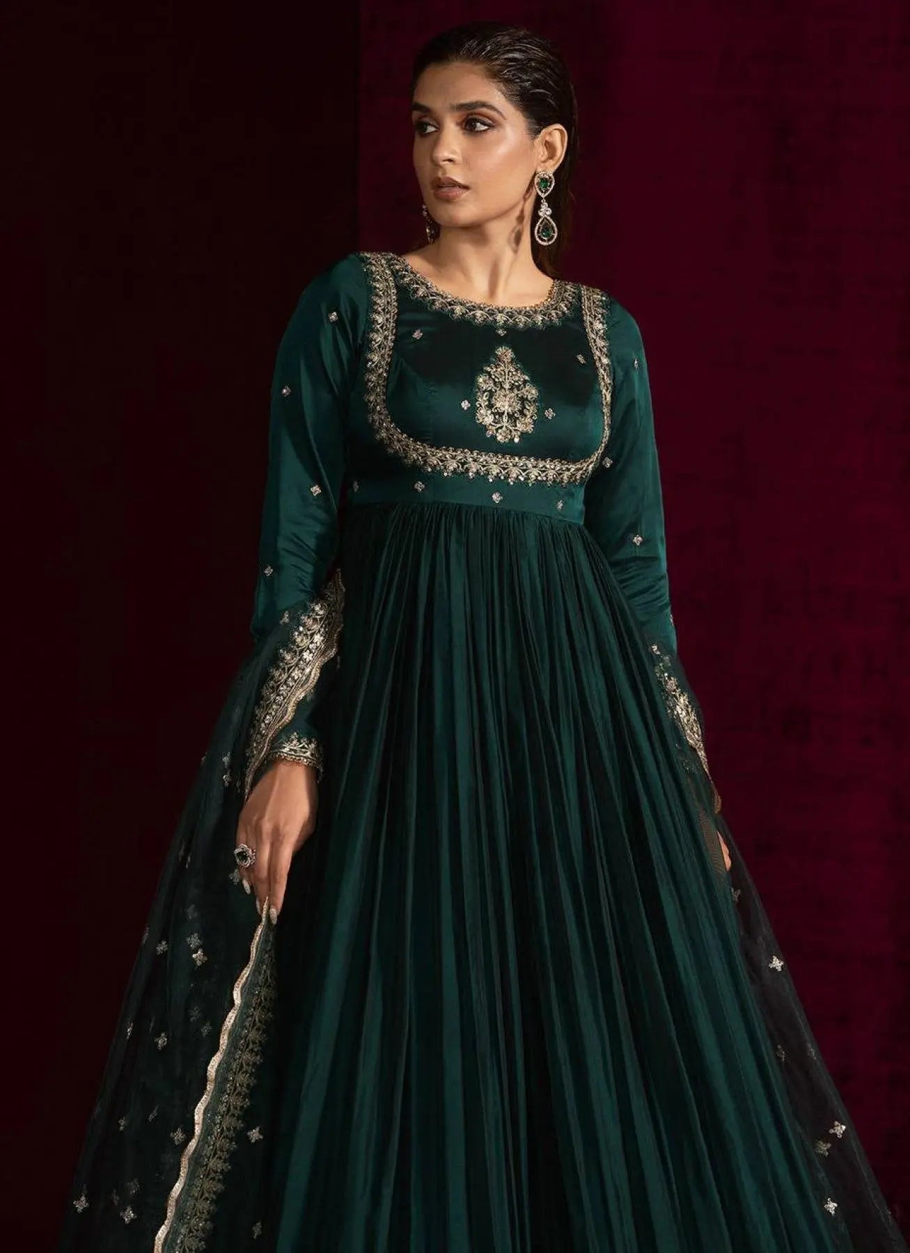 Dreamy Teal Green Japan Satin Anarkali Suit with Sequence Work For Party Wear RE