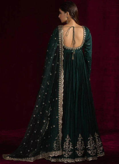 Dreamy Teal Green Japan Satin Anarkali Suit with Sequence Work For Party Wear RE