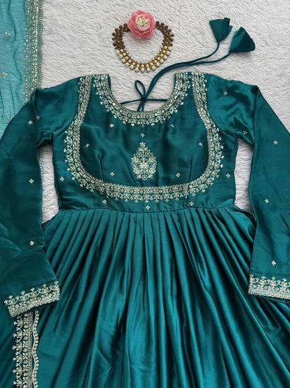 Dreamy Teal Green Japan Satin Anarkali Suit with Sequence Work For Party Wear RE