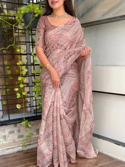 Teal & Dusty Pink Linen Cotton Saree with Copper Zari Hand Khatha Embroidery – Elegant Festive Wear Drape RE