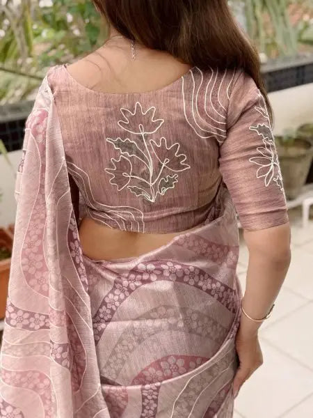 Teal & Dusty Pink Linen Cotton Saree with Copper Zari Hand Khatha Embroidery – Elegant Festive Wear Drape RE