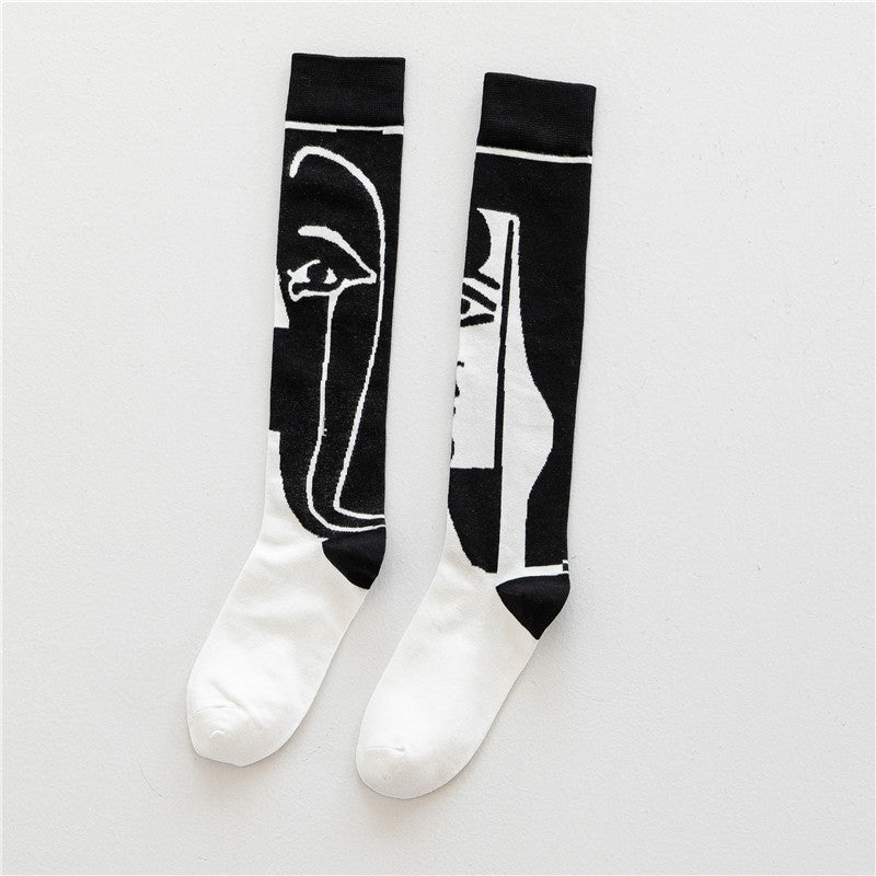 Trendy Cool Calf Socks Female Retro Street Black And White