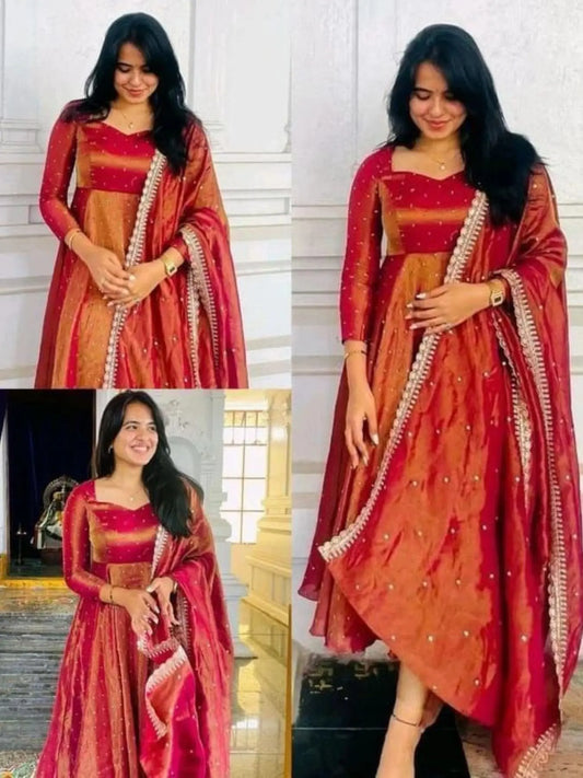 Elegant Orange Twil Net Anarkali with Dupatta Festive Wear Gown Set Attractive Sister