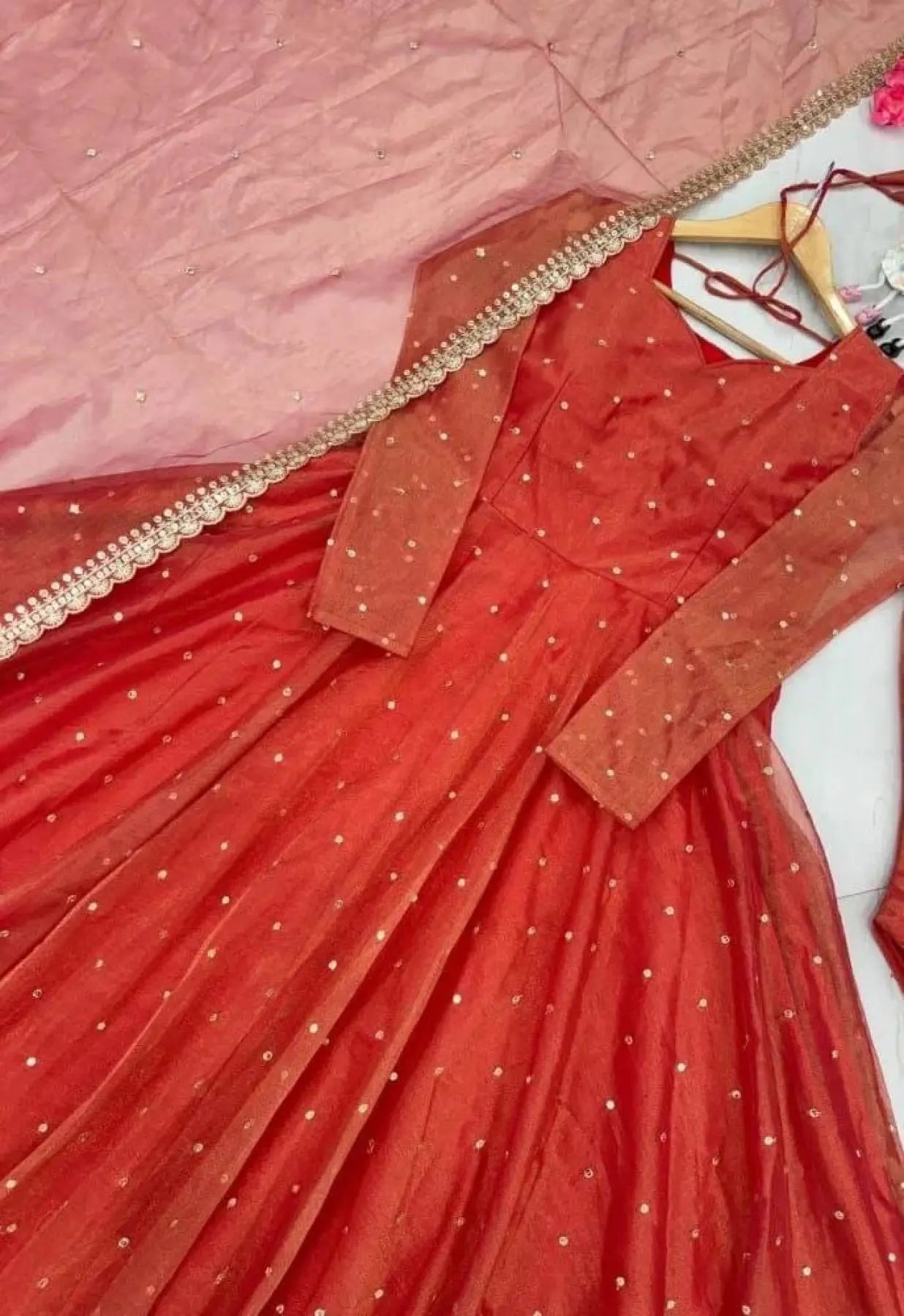 Elegant Orange Twil Net Anarkali with Dupatta Festive Wear Gown Set Attractive Sister