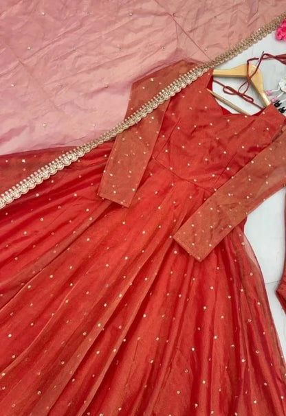 Elegant Orange Twil Net Anarkali with Dupatta Festive Wear Gown Set Attractive Sister