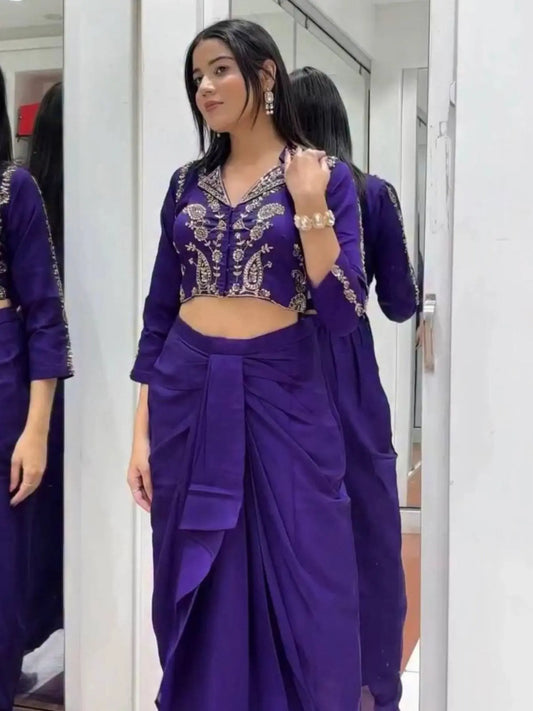 Elegant Two Piece Western Dhoti Set in Soft Chinon Silk Perfect for Celebration Wear RE