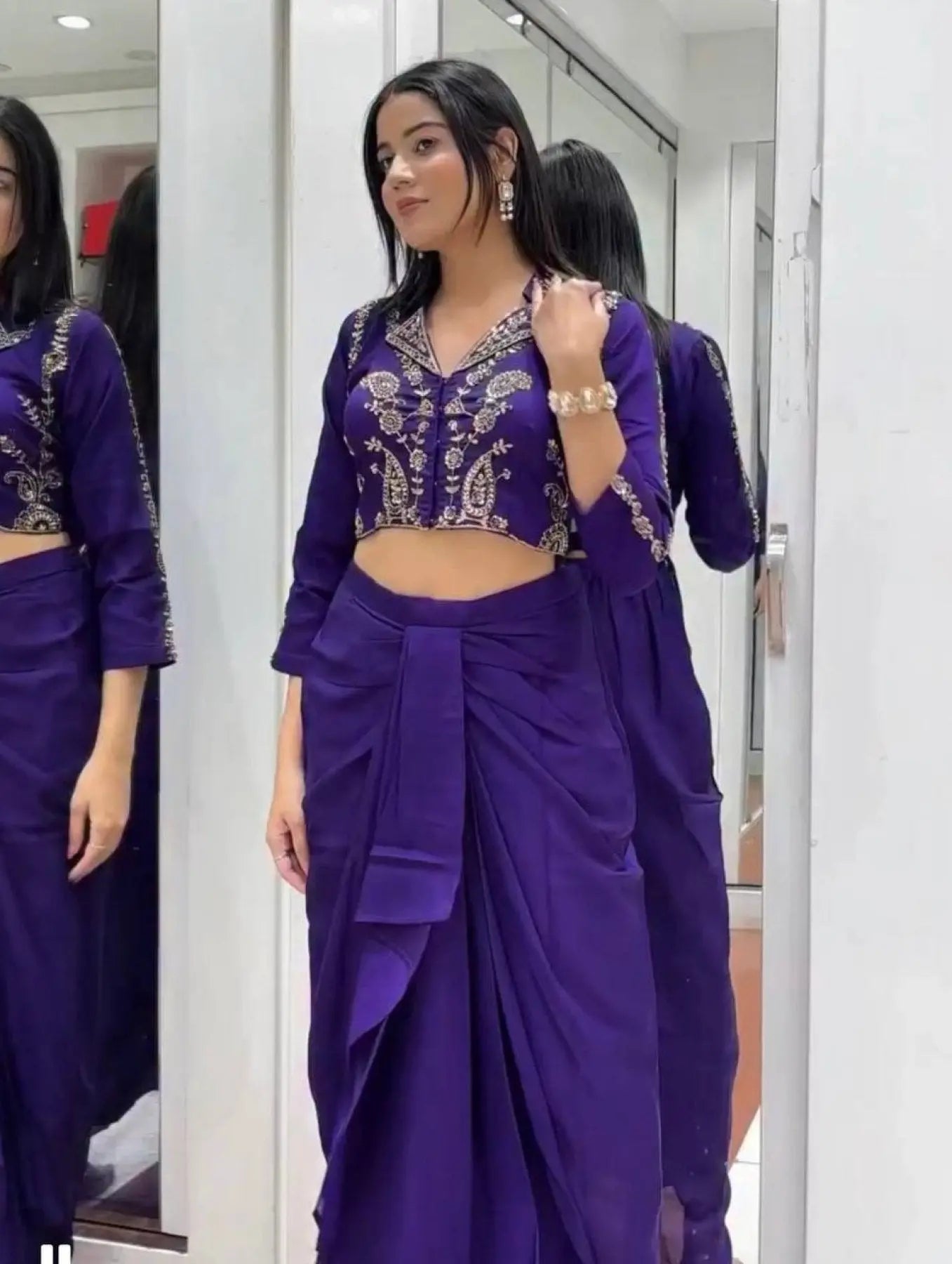 Elegant Two Piece Western Dhoti Set in Soft Chinon Silk Perfect for Celebration Wear RE