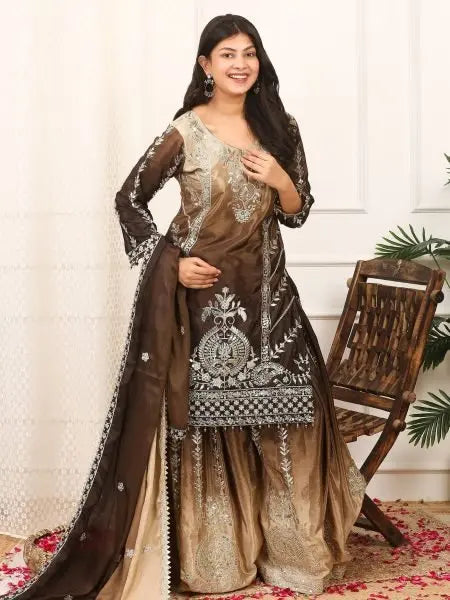 Two Tone Chinon Silk Plazzo Set with Sequence Work and Dupatta Ready to Wear RE