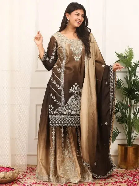 Two Tone Chinon Silk Plazzo Set with Sequence Work and Dupatta Ready to Wear RE