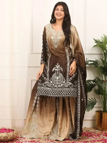 Two Tone Chinon Silk Plazzo Set with Sequence Work and Dupatta Ready to Wear RE