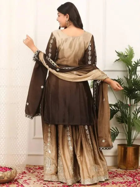Two Tone Chinon Silk Plazzo Set with Sequence Work and Dupatta Ready to Wear RE