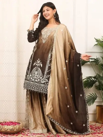 Two Tone Chinon Silk Plazzo Set with Sequence Work and Dupatta Ready to Wear RE