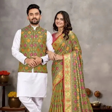 Ethnic Indian Couple Wear Kurta Pajama with Koti for Men and Matching Saree for Women Online Wholesale Collection RE