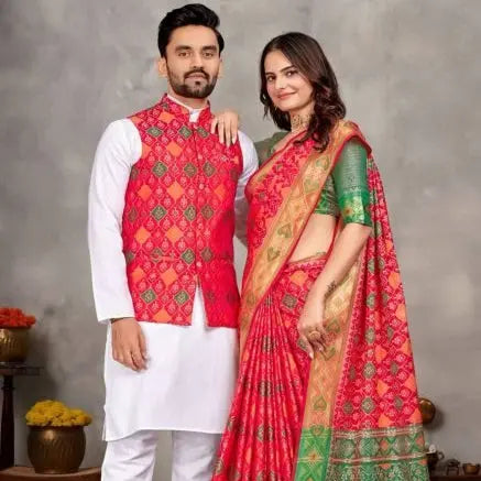 Ethnic Indian Couple Wear Kurta Pajama with Koti for Men and Matching Saree for Women RE