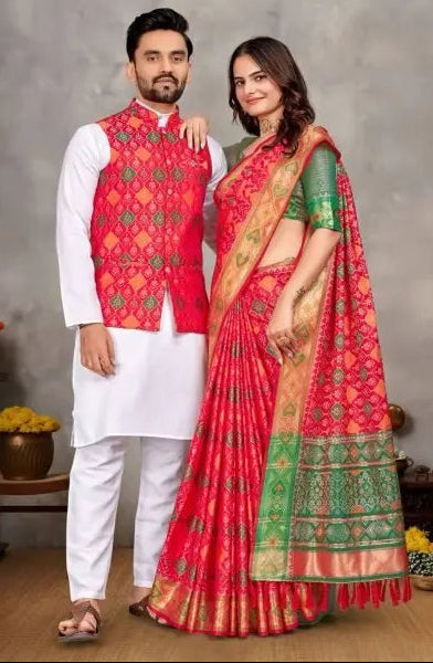 Ethnic Indian Couple Wear Kurta Pajama with Koti for Men and Matching Saree for Women RE