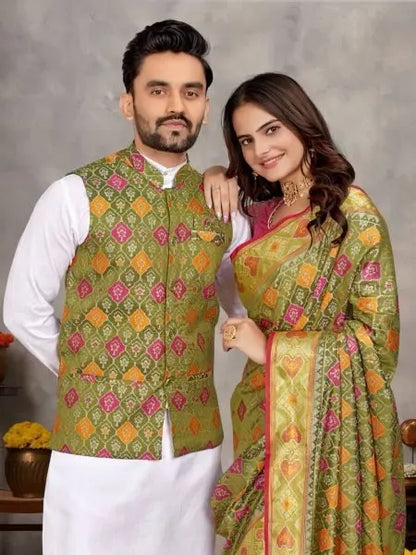 Ethnic Indian Couple Wear Kurta Pajama with Koti for Men and Matching Saree for Women Online Wholesale Collection RE