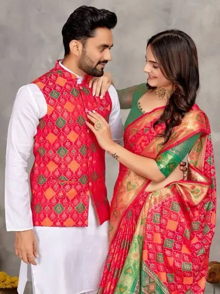Ethnic Indian Couple Wear Kurta Pajama with Koti for Men and Matching Saree for Women RE