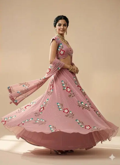 Modern Hand Painted Georgette Lehenga with Embellished Blouse for Wedding Guest Wear Attractive Sister