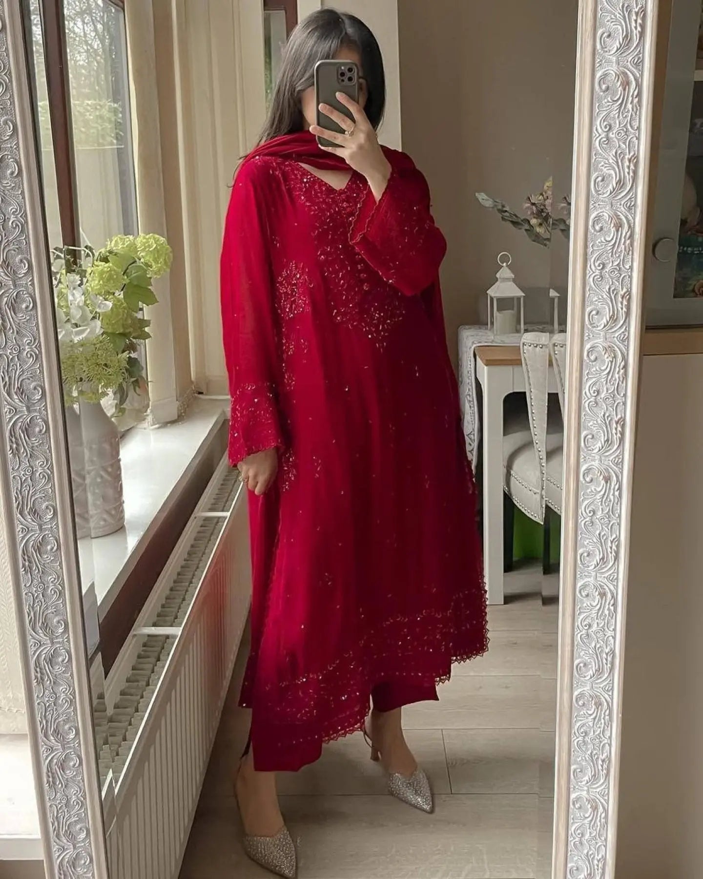 Georgette Suit with Palazzo and Sequence Work Dupatta for Wedding Outfit / Festival Wear RE