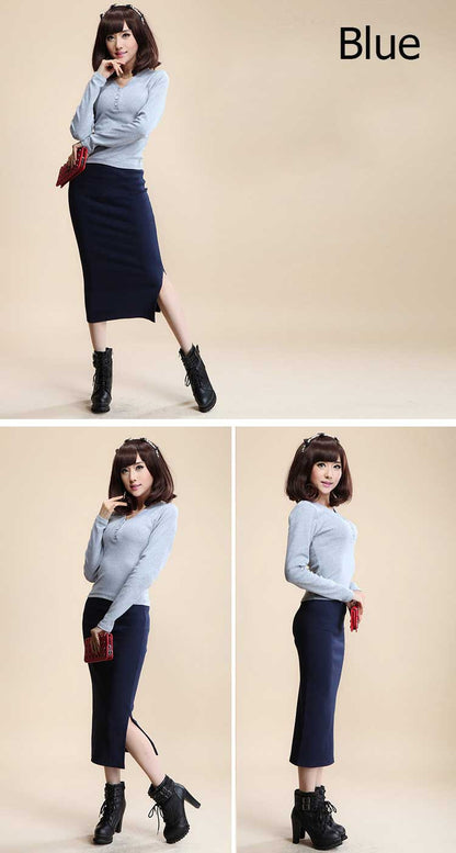 Mid-waist Rib Knitted Sheath Split Skirt