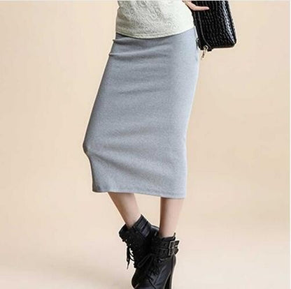 Mid-waist Rib Knitted Sheath Split Skirt