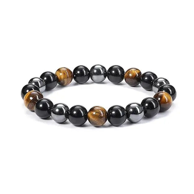 HANDMADEAURA Bracelet, Reiki Natural Triple protection Bracelet 8 mm, Round Bead Bracelet for Wealth Protection, Genuine Gemstone Beads for Calming, Stress Relief & Spiritual Healing - Natural HANDMADEAURA