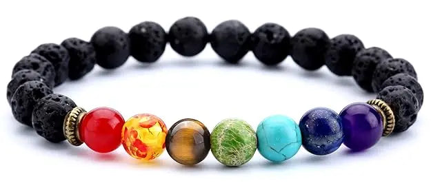 HANDMADEAURA Bracelet, Reiki Natural Lava 7 Charka Bracelet 8 mm, Round Bead Bracelet for Wealth Protection, Genuine Gemstone Beads for Calming, Stress Relief & Spiritual Healing - Natural HANDMADEAURA