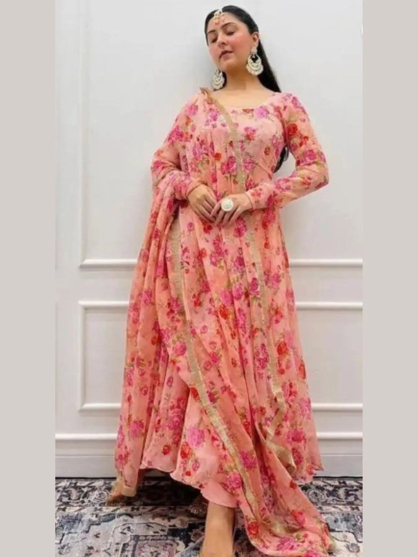 Floral Print Full Flared Anarkali Long Flared Peach Kurtis with Dupatta Readymade Anarkali set RE