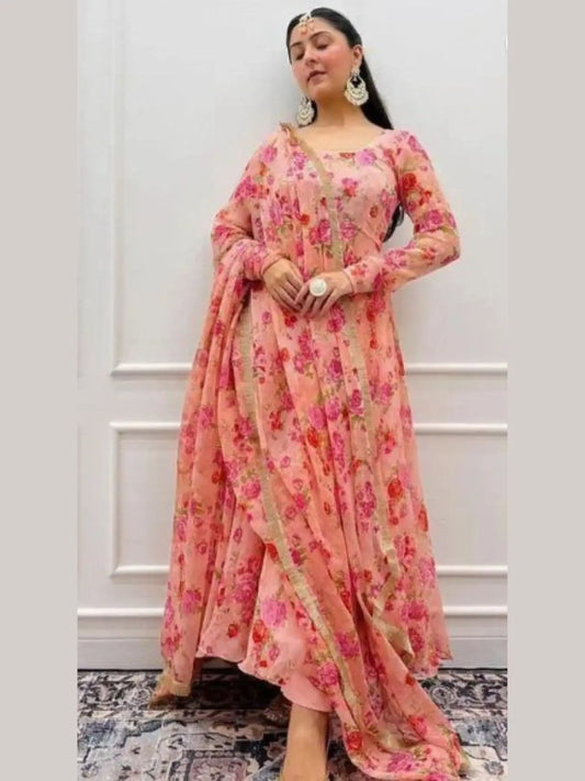 Floral Print Full Flared Anarkali Long Flared Peach Kurtis with Dupatta Readymade Anarkali set RE