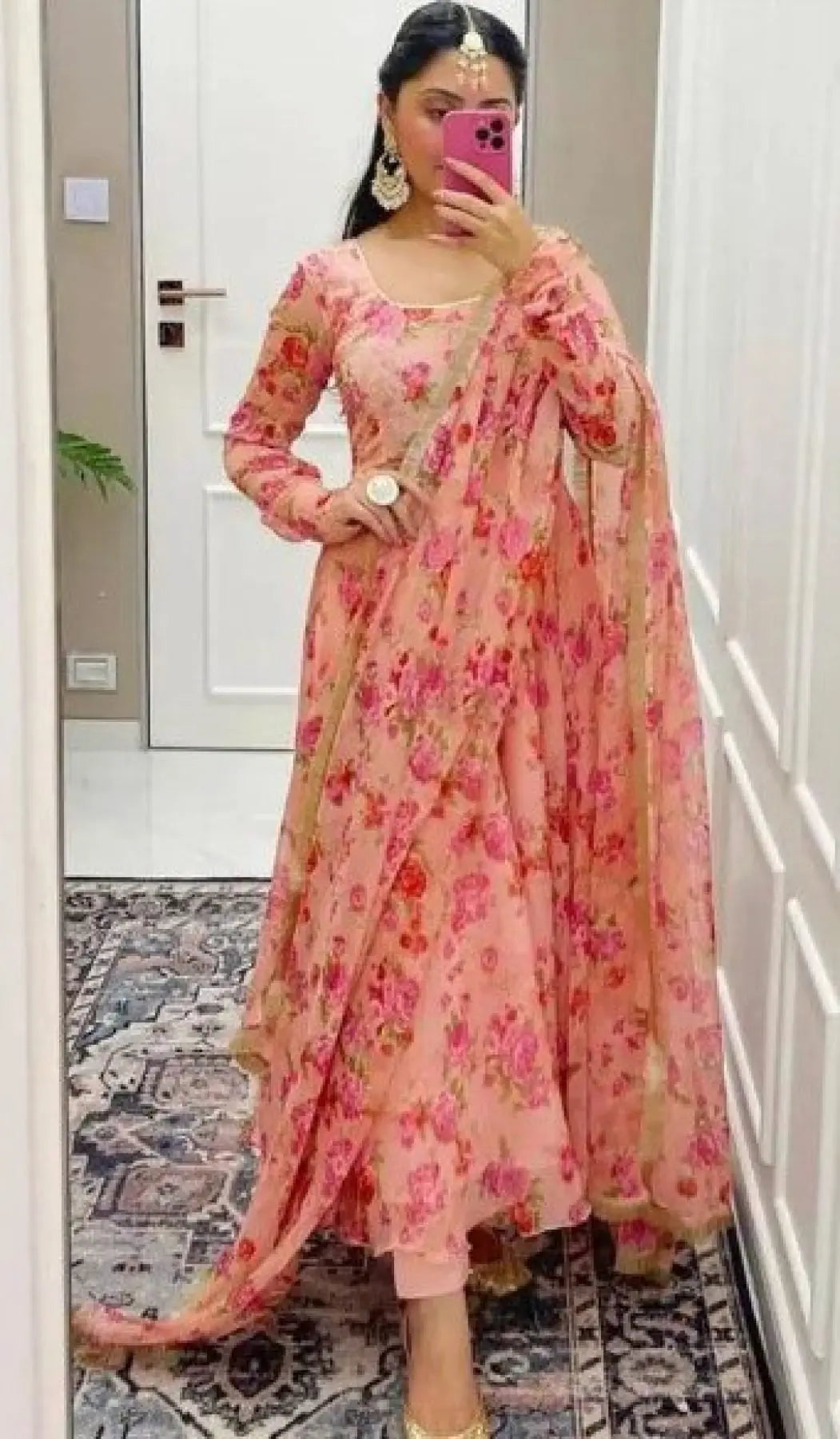 Floral Print Full Flared Anarkali Long Flared Peach Kurtis with Dupatta Readymade Anarkali set RE