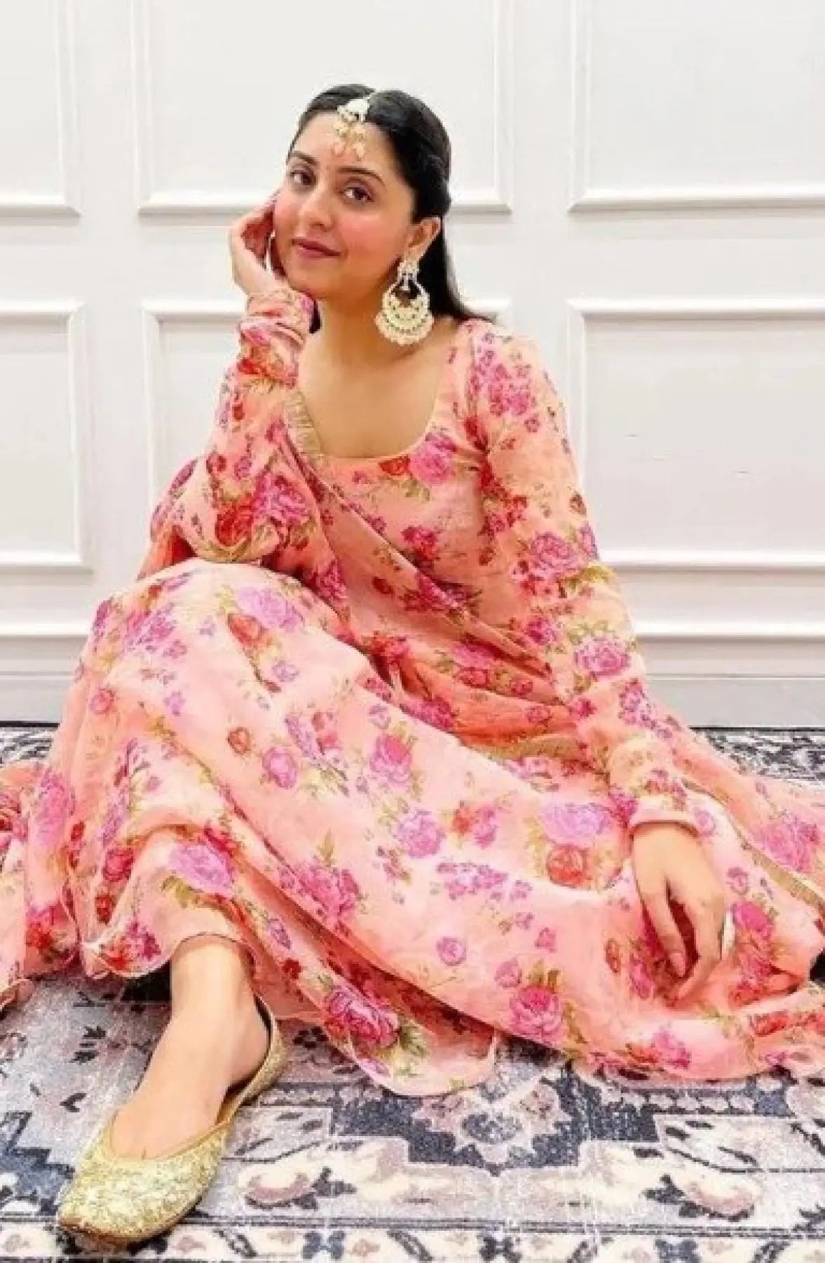 Floral Print Full Flared Anarkali Long Flared Peach Kurtis with Dupatta Readymade Anarkali set RE