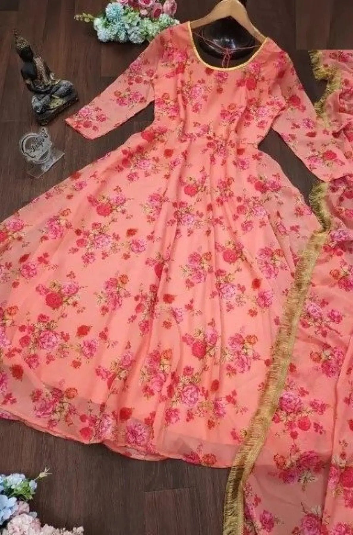 Floral Print Full Flared Anarkali Long Flared Peach Kurtis with Dupatta Readymade Anarkali set RE