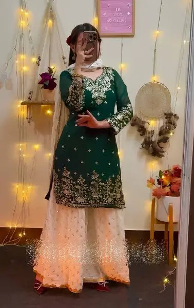 Designer  Sharara Set with White Palazzo and Net Dupatta for Festive Wear RE